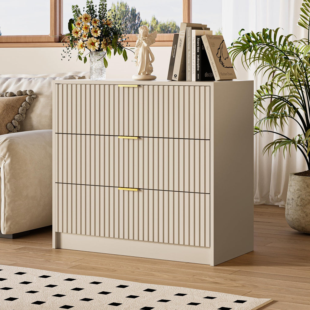 3-Piece Dresser Bedroom Set, 9 Drawer Dresser & 3 Drawer Nightstands with Gold Handles, Fluted Wood Chest of Drawers