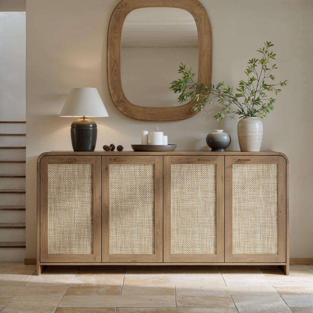 67" Rattan Sideboard Buffet Cabinet with Storage, Caramel Oak