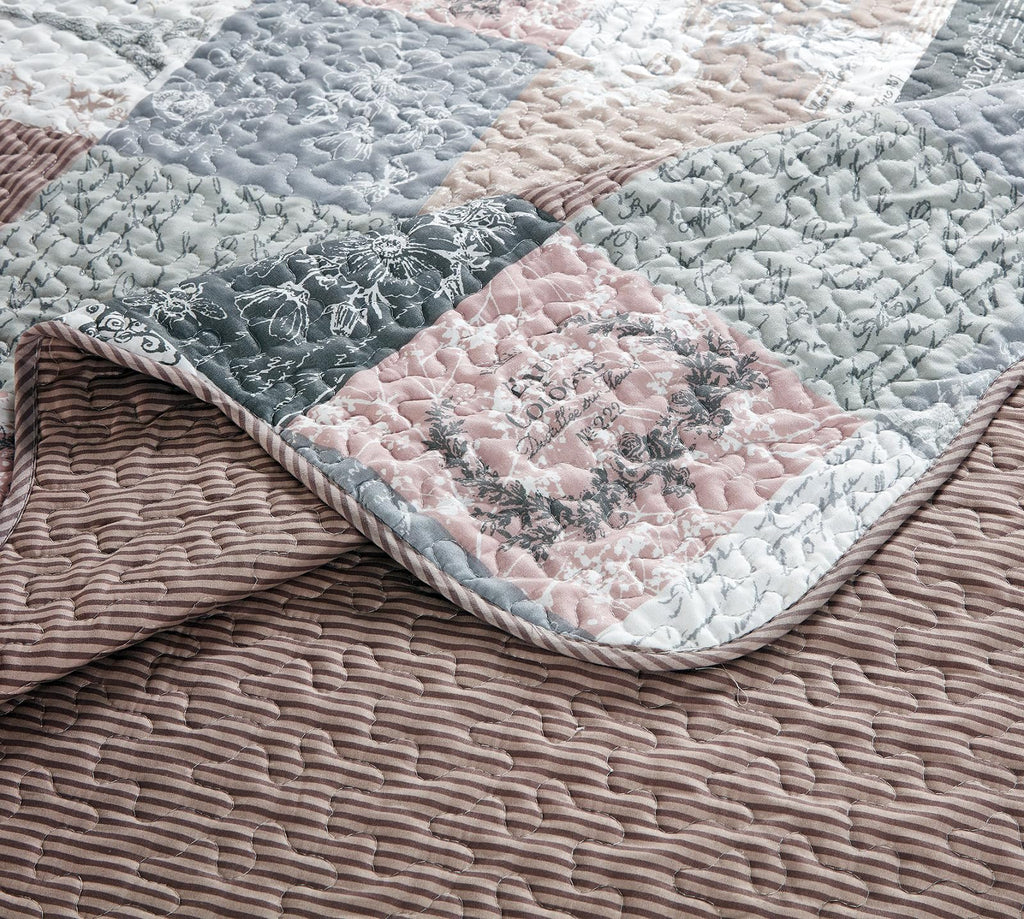 Latte Grey Paris & Toile Floral Patchwork Quilt Set