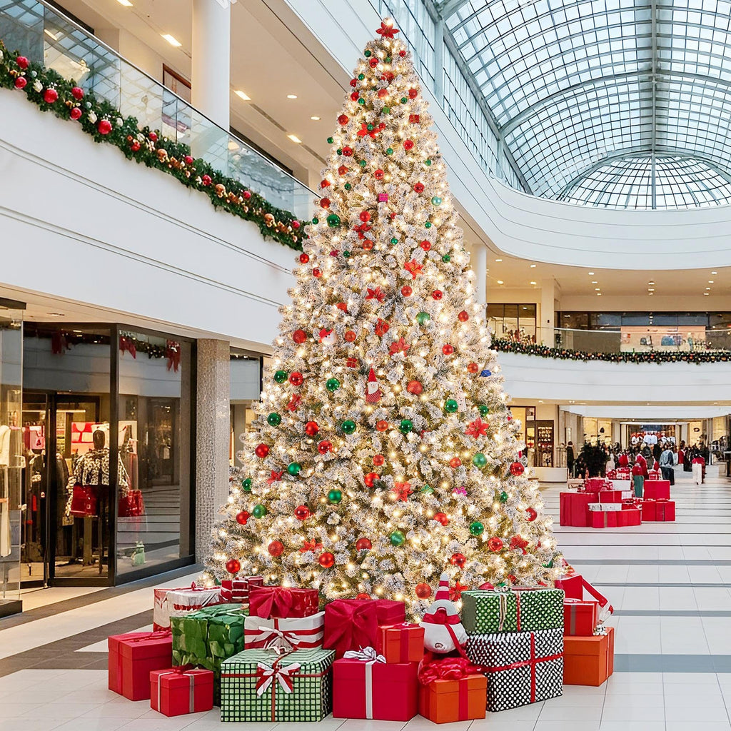 Pre-Lit Christmas Tree 12ft, Flocked Xmas Tree with Lights