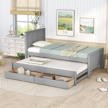 Twin Size Platform Bed with Trundle and Drawers, Wood Twin Platform Bed Frame, Twin Daybed with Trundle & Drawers