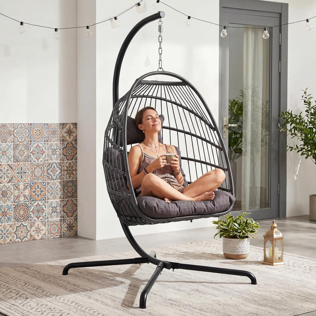 Foldable Outdoor with Stand & Cover, Dark Grey | 350 lbs Heavy Duty, PE Wicker, Foldable, Hanging Hammock Chair with