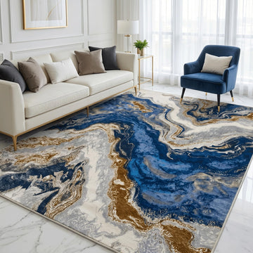 Marble Swirl Abstract Living Room Area Rug, White Blue Gold