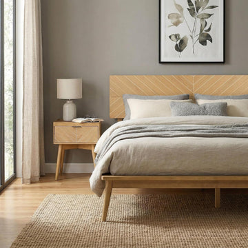 Loki Solid Wood Platform Bed King, Chevron Headboard, Light Oak