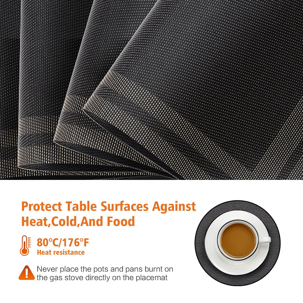 Placemats Set of 8, Vinyl Woven Black Non Slip Table Mats