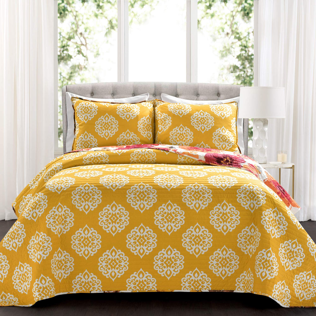 Leah Reversible Floral Quilt Set, 3 Piece Set, Red & Orange - Watercolor Botanical - Cottage Core - French