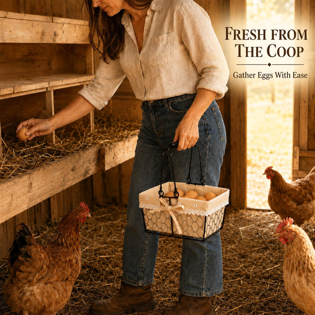 Farmhouse Vintage Metal Wire Chicken Egg Basket with Handle, Square Storage Basket with Removable Linen Liner