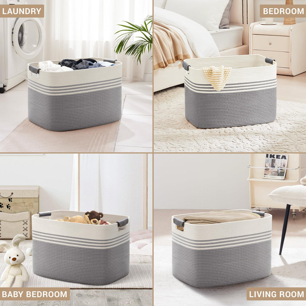 100L Large Woven Laundry Basket Hamper with Leather Handles,Grey