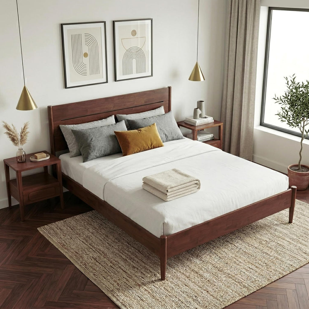 Apollo Solid Wood Platform Bed King, Headboard, Mahogany