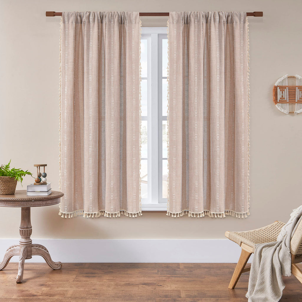 Linen Curtains 63 Inch Length 2 Panels Embroidery Khaki Boho Curtains Rustic Farmhouse Tassel Light Filtering Window