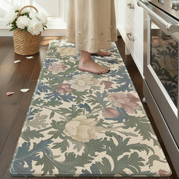 Natural Floral Kitchen Mat 24x59 Anti Fatigue, Multi Color | 0.4in Thick Cushioned Standing Mat For