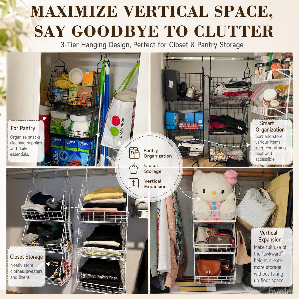 3-Tier Hanging Closet Organizer, Laundry Room Organization | Space Saving Shelves with 1.65" Hook & 5 S-Hooks |