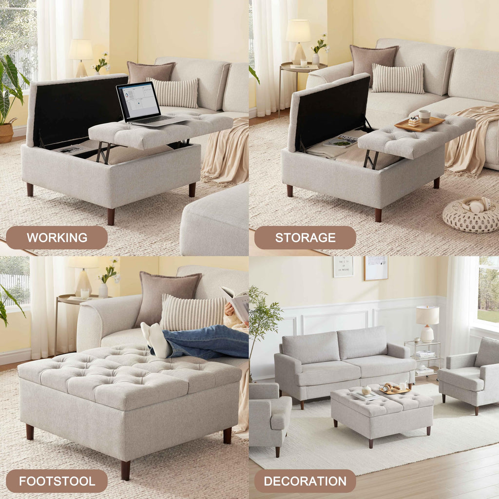 35" Large Storage Ottoman Coffee Table, Square Ottoman, Light Grey