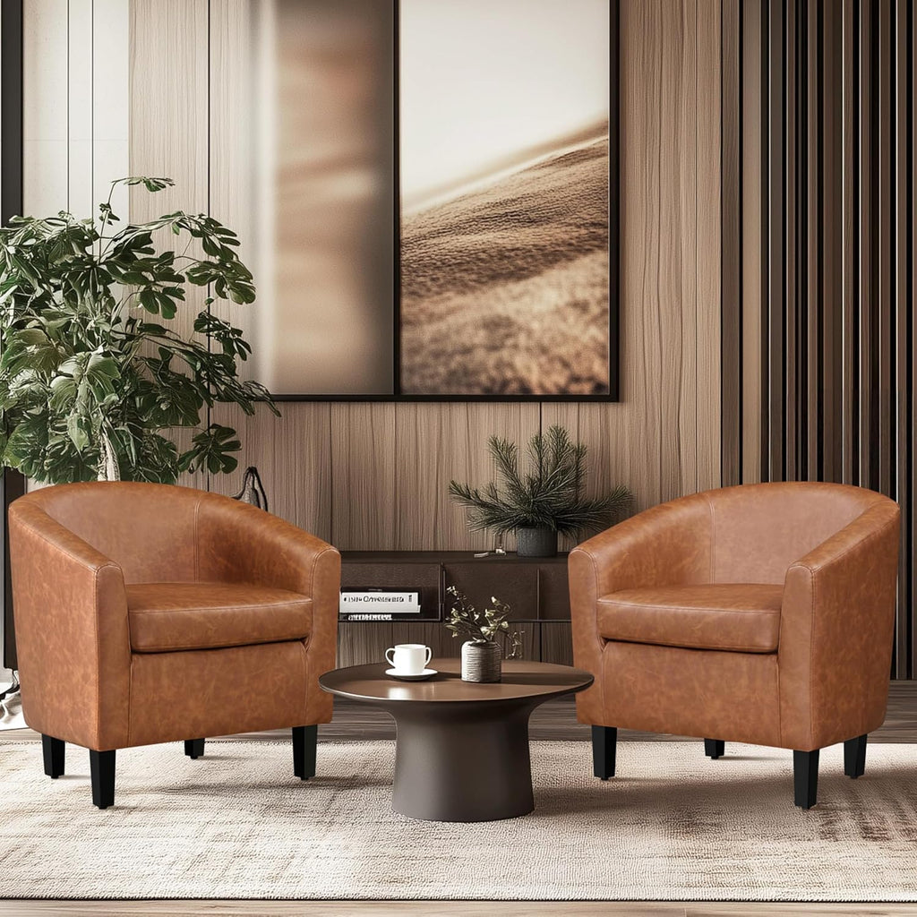 Accent Chairs, Faux Leather Barrel Armchairs Brown - Set of 2