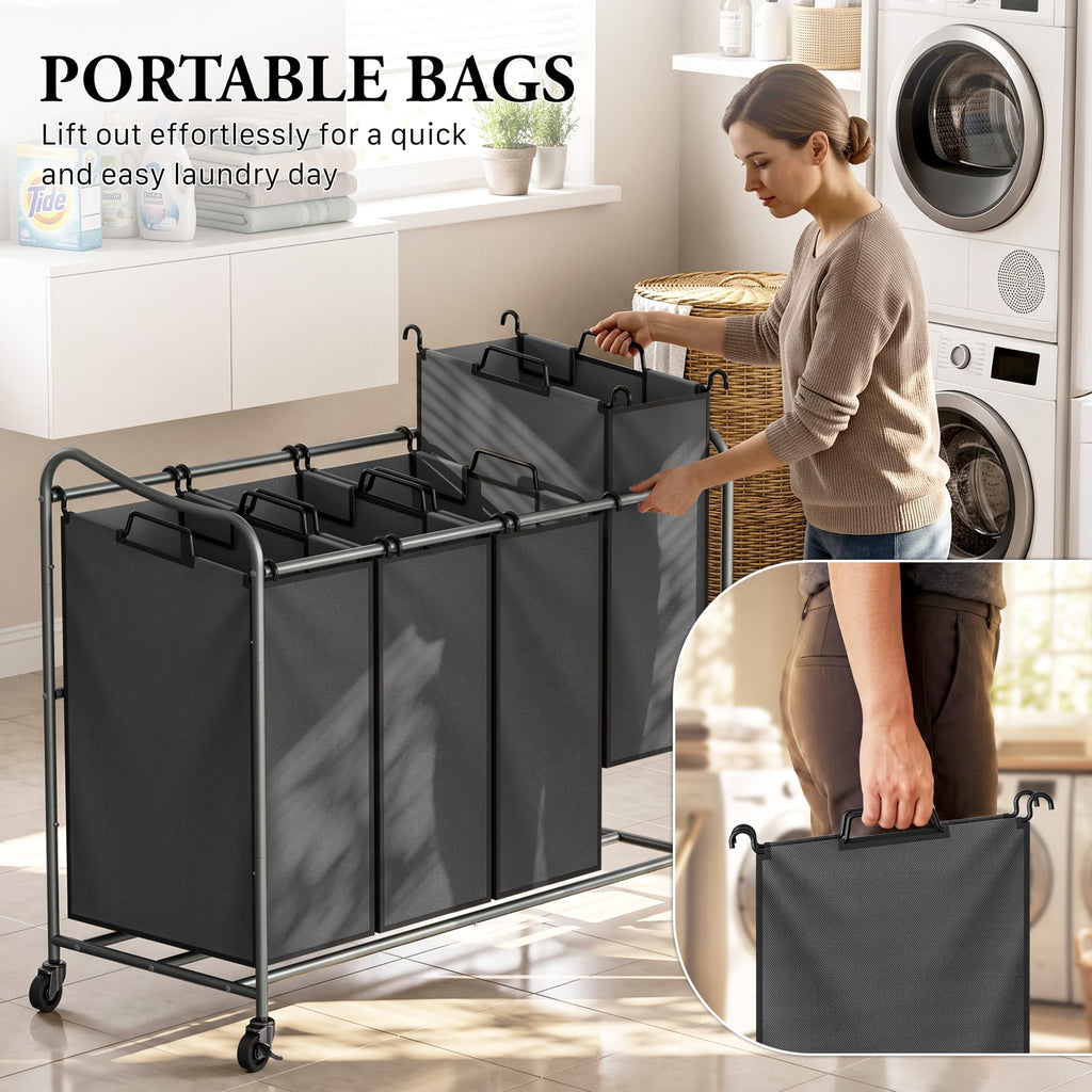 4-Bag Heavy Duty Laundry Sorter Rolling Cart, Dark Grey