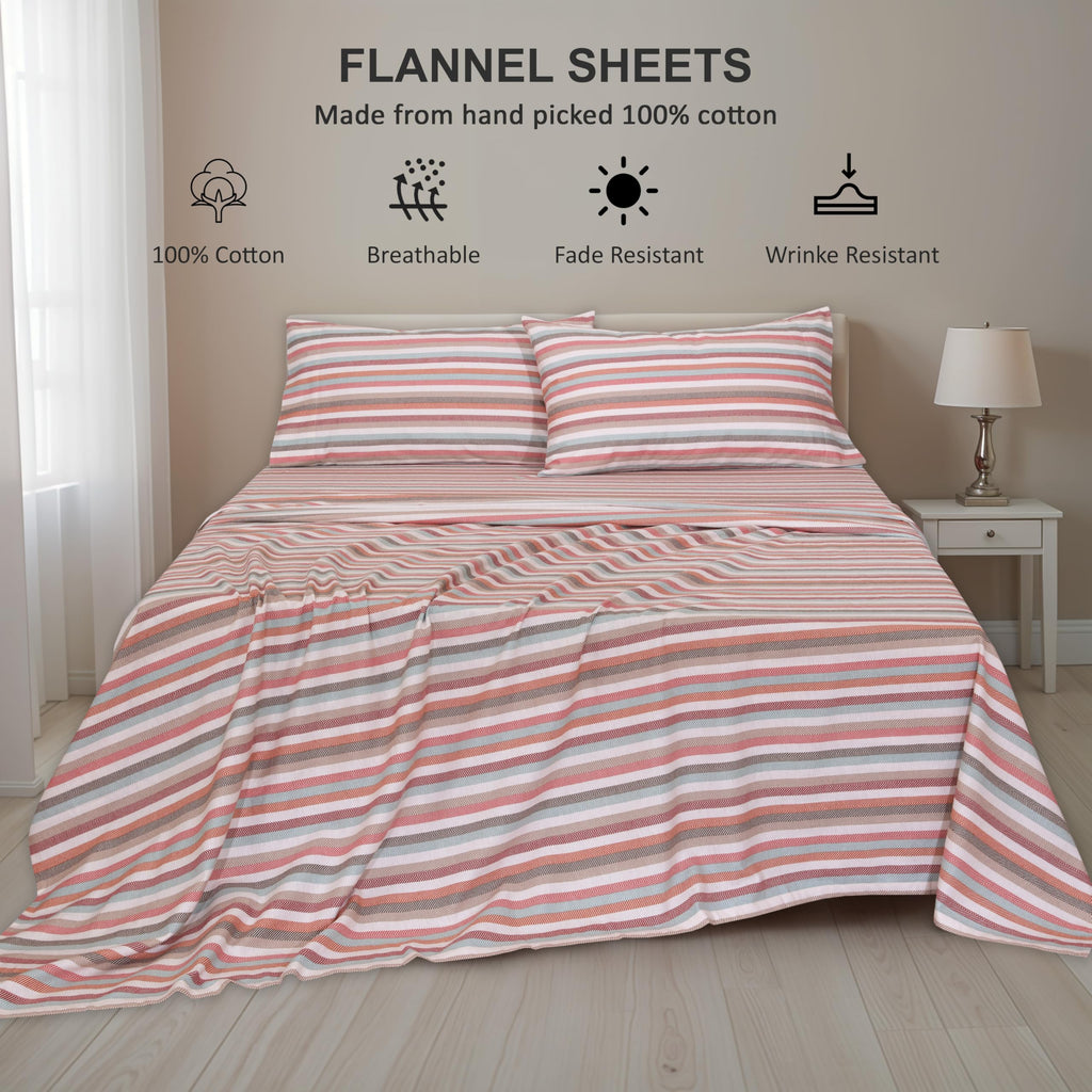 100% Cotton Flannel Sheets King Size, 4 PCs, Multi Chevron Stripe