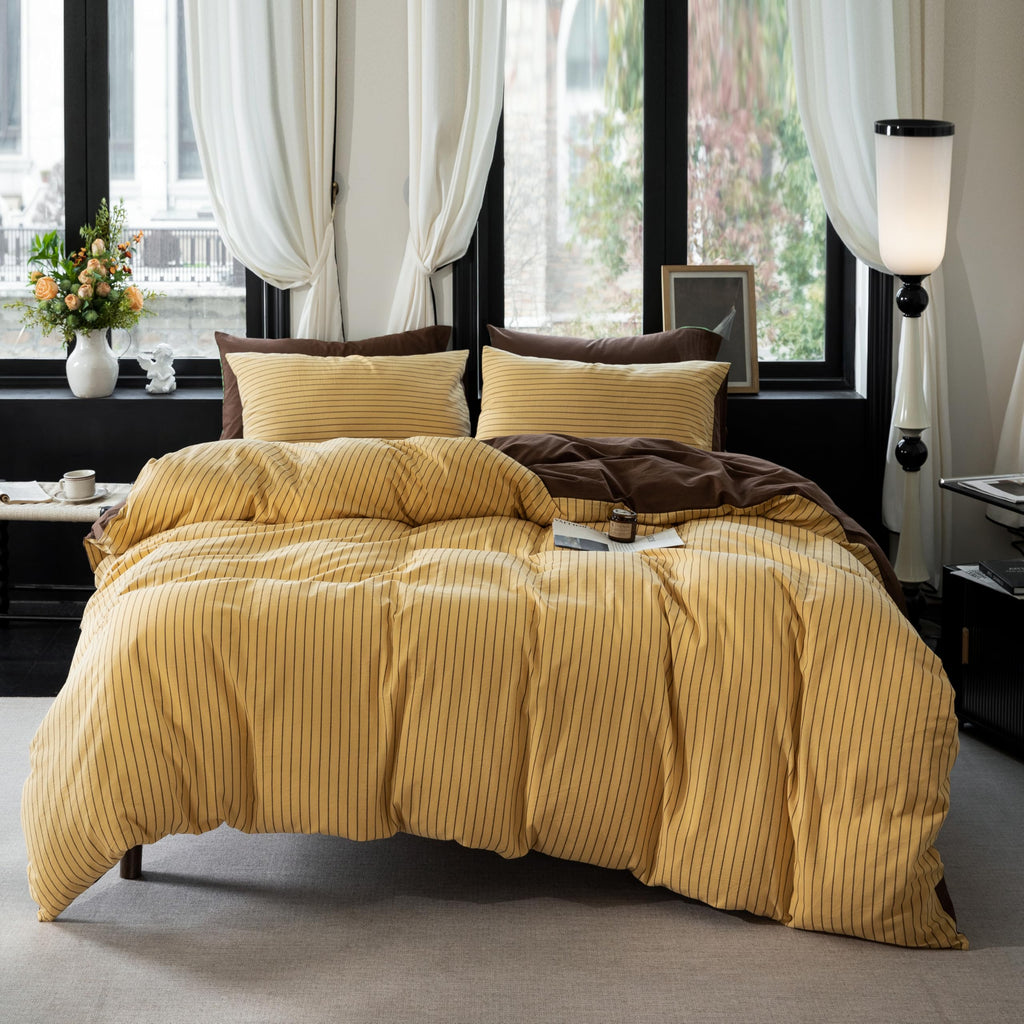 3Pcs Reversible Yellow Brown Striped Queen Duvet Cover Set