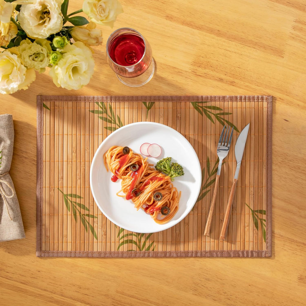 Placemats, Bamboo Table Mats Set with Leaf Pattern, 18'' × 12'' Woven Placemat, Washable Heat-Resistant - Set of 6