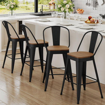 Metal Bar Stools Set of 4, 24" Counter Height with Backs, Black