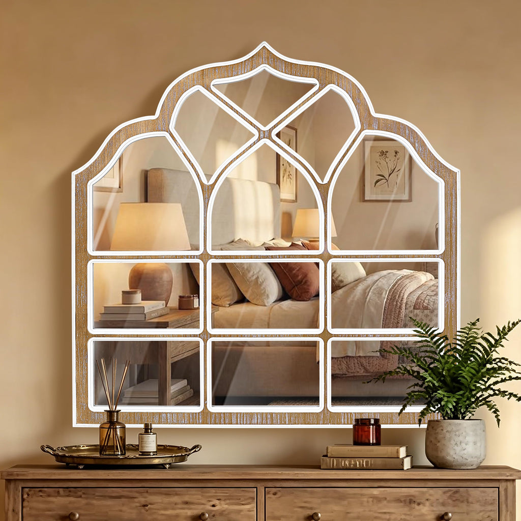 36x36 Inch Window Pane Wall Mirror, Farmhouse Gothic Arched Mirror