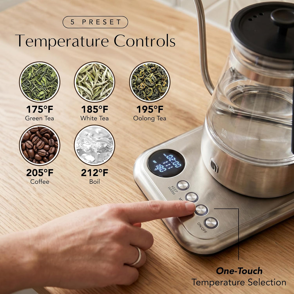 Glass Gooseneck Electric Kettle, 5 Temperature Control Presets & Keep Warm, Pour Over Kettle for Coffee & Tea, 1L