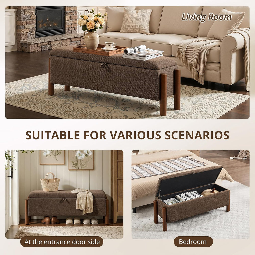 47'' Modern Storage Ottoman Benches with Walnut Wood Legs Ottoman Bench with 22 Gallons Storage Space Fabric