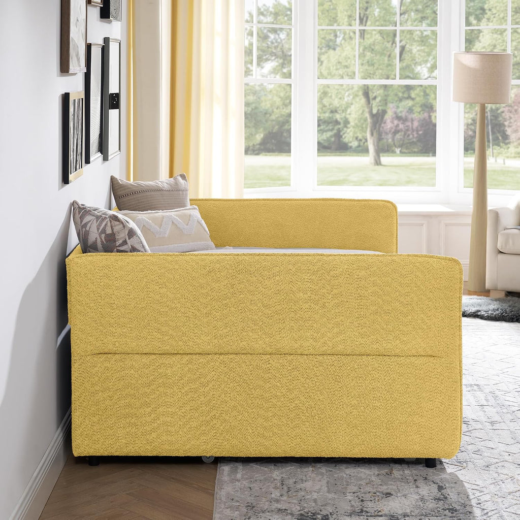 Full Size Upholstery Tufted Daybed with Erectable Trundle, Twin to King Design Modern Extendable Boucle Sofa Bed