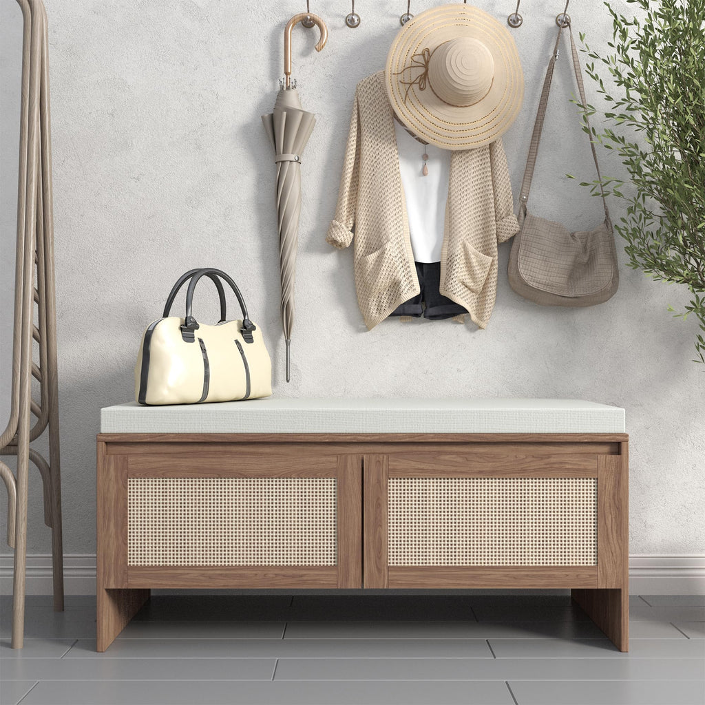 39.4" Shoe Storage Bench with Rattan Doors & Cushion, Natural