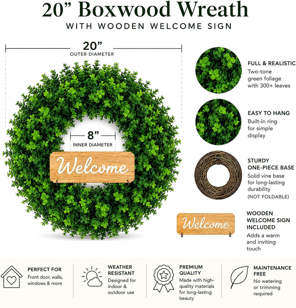 WHANLEY 20 Inch Boxwood Wreath for Front Door with Wooden Welcome Sign, Artificial Greenery Decor, UV Resistant