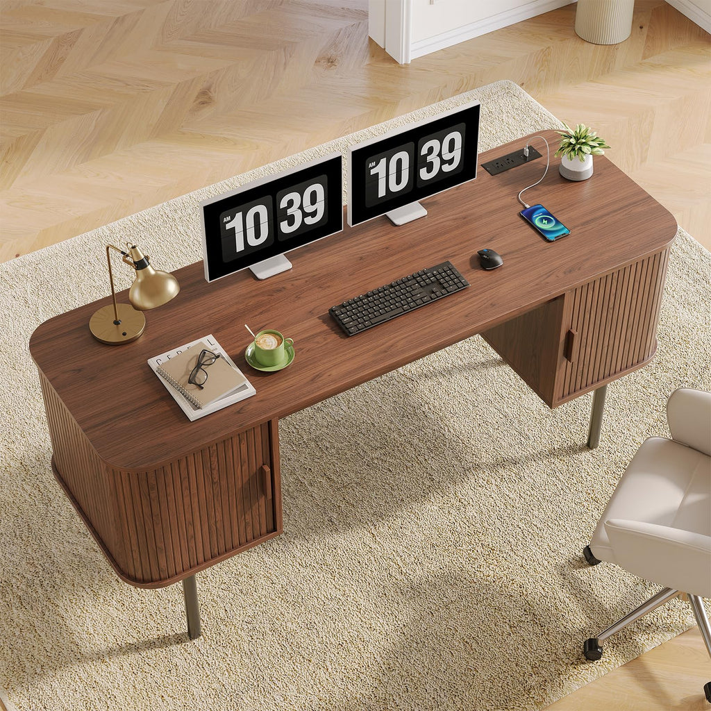 63 Inch Fluted Computer Desk with Outlets, Home Office Desk, Walnut