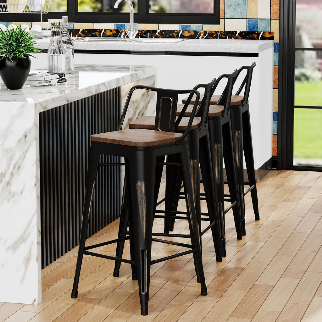 26"Barstools Set of 4 Counter Height Bar Stools Chair-Distressed Gold Black