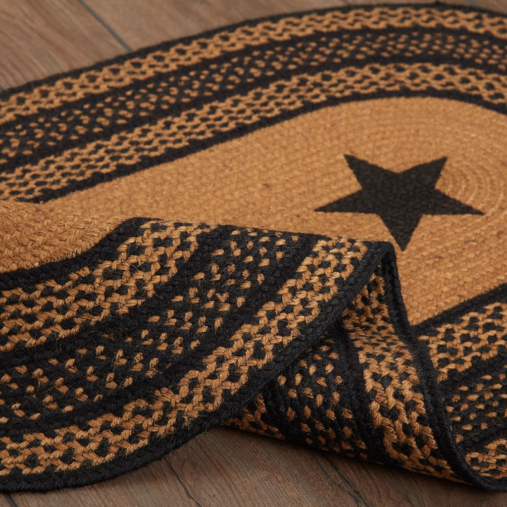 Farmhouse Primitive Jute Black Stenciled Stars Accent Rug Oval w/Floor Pad 27"x48"