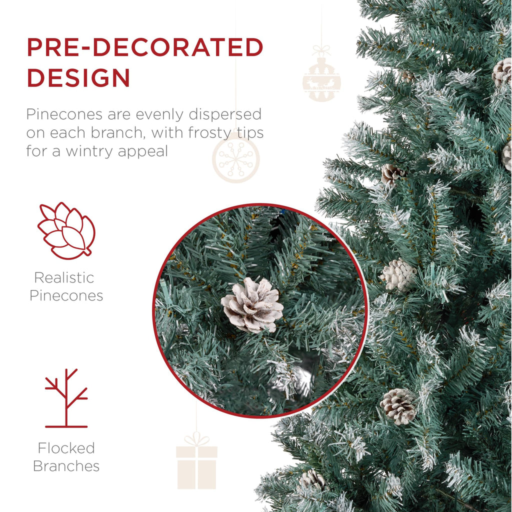 6ft Pre-Decorated Holiday Christmas Tree, Party w/1, 000 Tips, Partially Flocked, Pinecones, Base - Blue Spruce