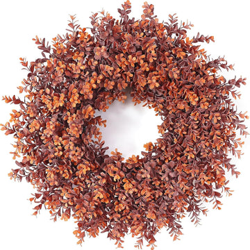 24" Artificial Fall Boxwood Wreath for Front Door Decoration (Deep Orange)
