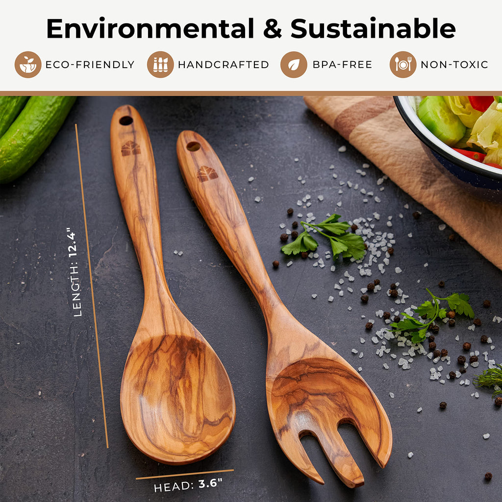 Wooden Salad Tongs, 12" Olive Wood Serving Fork & Spoon Utensils Set