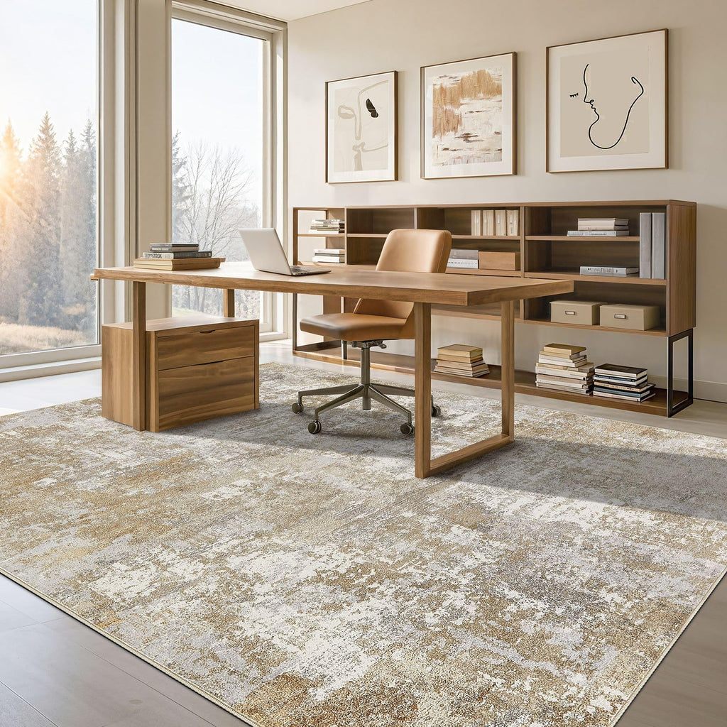 Washable 12x15 Area Rug : Modern Abstract Neutral Large Soft Thin Rugs - Non Slip Indoor Carpet Dining Room Office