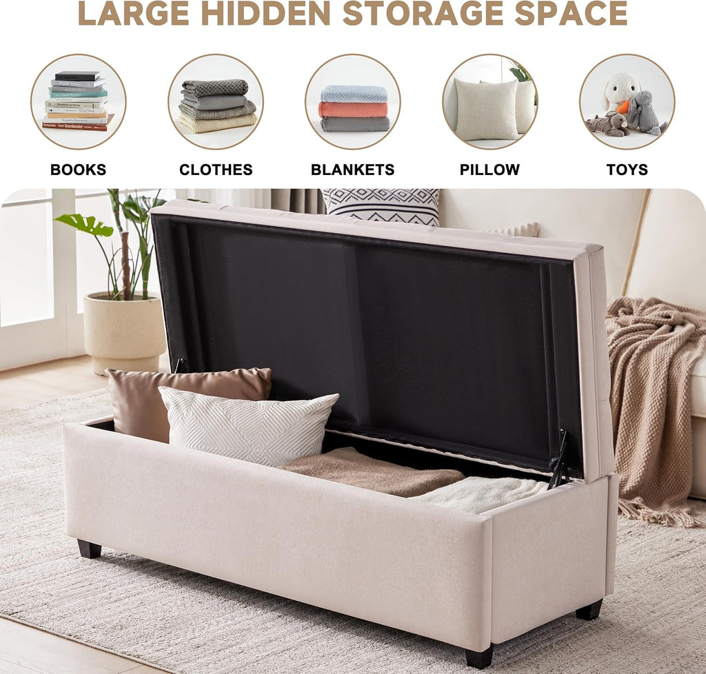 50 Inch Large Storage Ottoman, Tufted Ottoman with Storage | End of Bed Ottomans , Modern Entryway Benchs