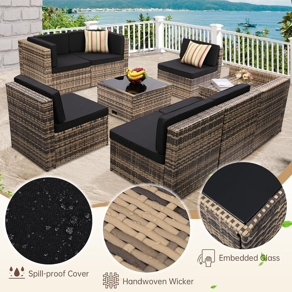 8 Piece Patio Furniture Set, Outdoor Modular Conversation Set | UV Treated Wickers, Machine Washable Cushions, Seats