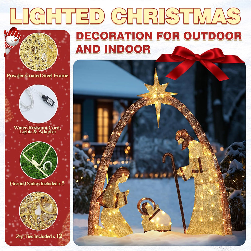5FT Lighted Nativity Scene Set with 170 LED Lights for Christmas Decoration, Pre-Lit Iridescent Nativity Scene Xmas