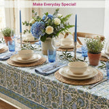 Clover Blue 100% Cotton Rectangle Fall Tablecloth, Handblock Floral Linen Table Cloth Dining Table I