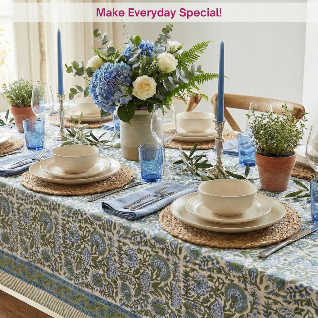 Cotton Blockprint Rectangle Table Cloth, Clover Blue, 108" X 60"