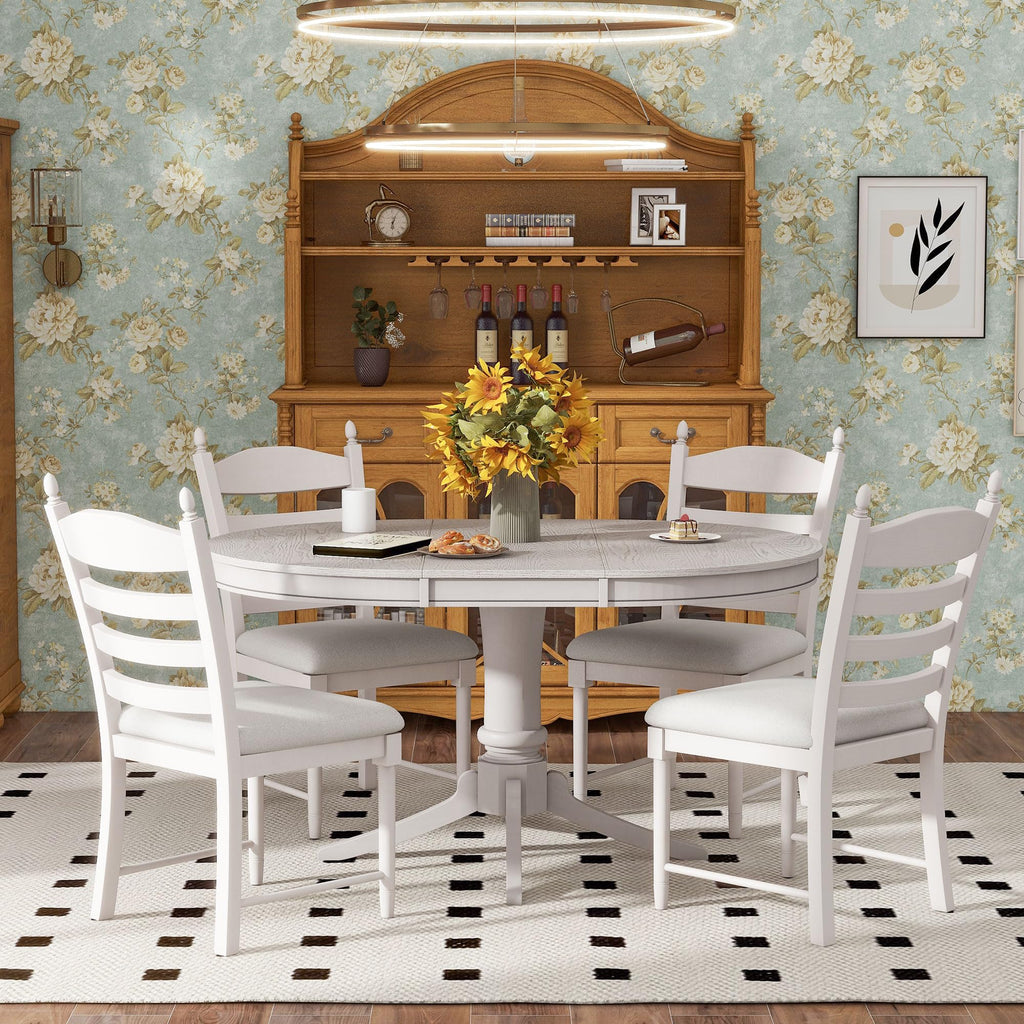 5 Piece Extendable Dining Table Set for 4, 4 Slat Back Solid Wood Dining ChairSet, 58"-42" Folding Oval Round Dining
