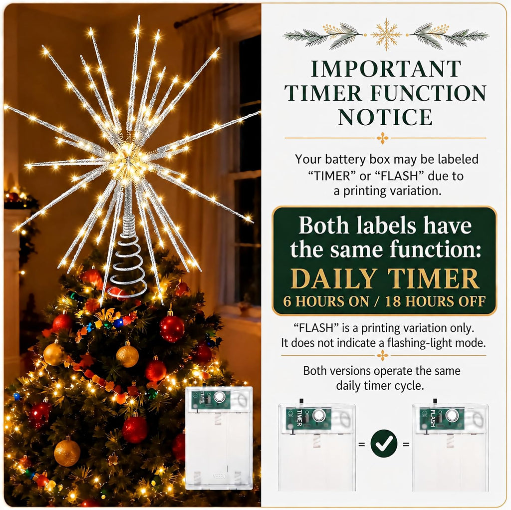 LED Starburst Christmas Tree Topper with Timer, Silver, 16inch