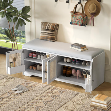 Rustic 47.4" Shoe Storage Bench with Removable Cushion, White