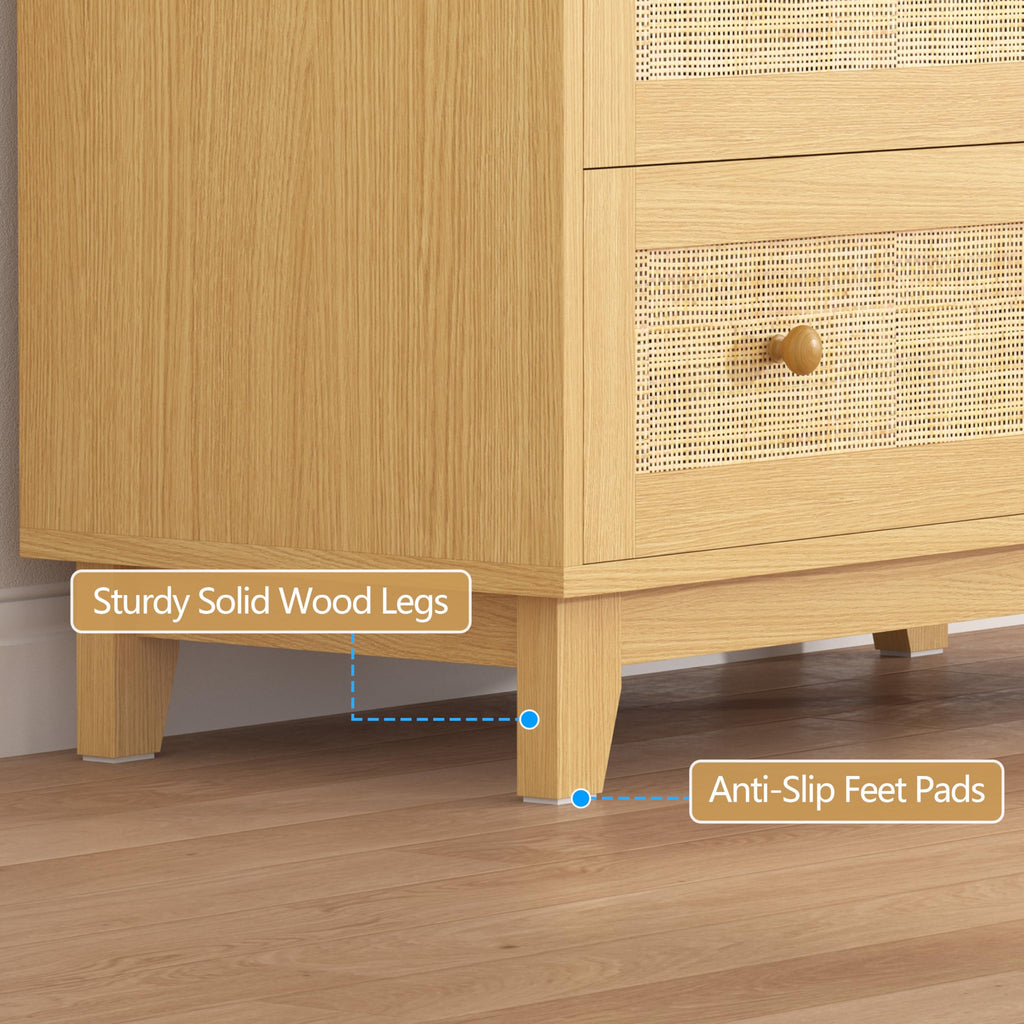 3 Drawer Rattan Dresser, Small Boho Nightstand Sets with Wooden Feet, Rattan Wood Clothes Storage Cabinet (Wood, 3