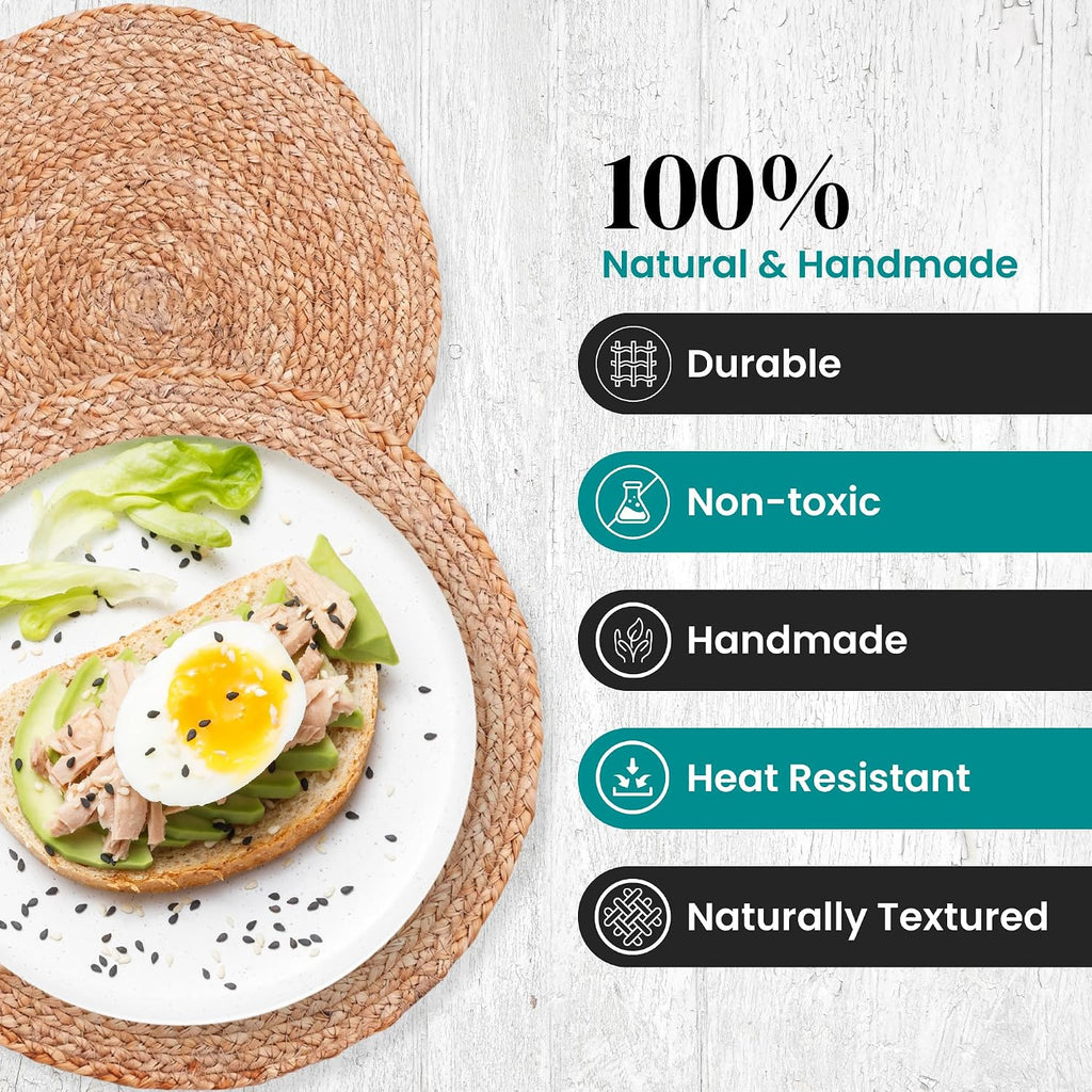 Natural Jute Placemats Set of 6, Round Woven Table Mats, 13 Inch Rattan Charger Plates for Dinner, Boho Farmhouse