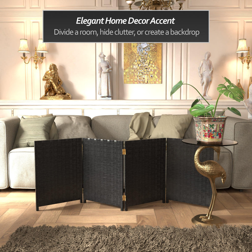 2 ft. Short Woven Fiber Folding Screen - 4 Panel - Black