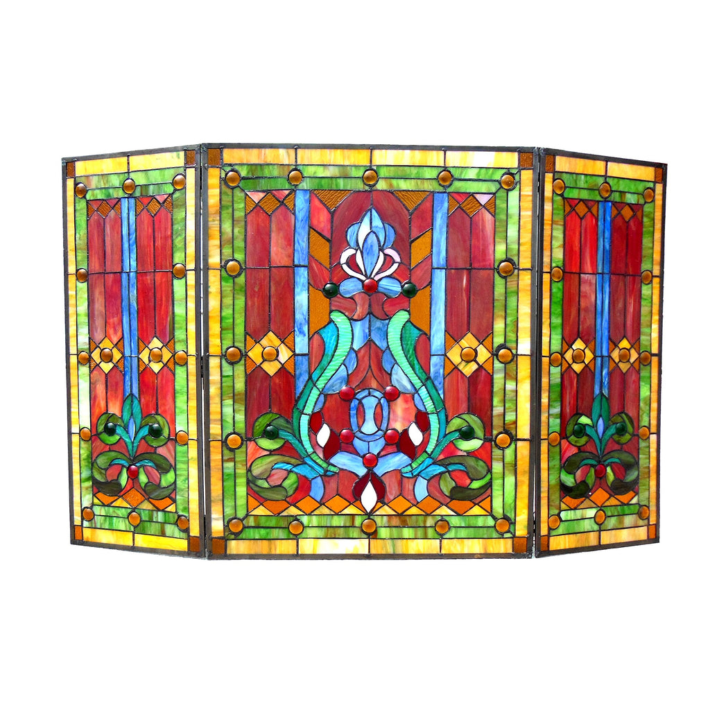 Folding Victorian Wide Tiffany-Glass Fireplace Screen (3 Pieces), 44"