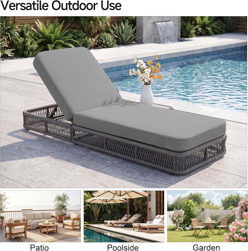 Outdoor Chaise Lounge Chair, 5-Position Adjustable Backrest, All-Weather Grey Woven Rope Recliner with 5 Inch Grey