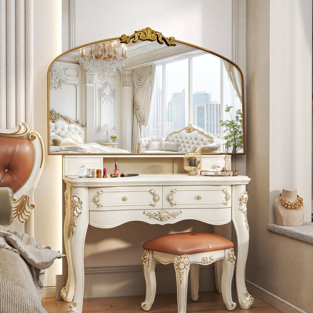 Vintage Arched Bathroom Mirror, 48"x 30" Retro Wall Mounted Vanity Mirror with Carved Pattern Top and Aluminum Frame